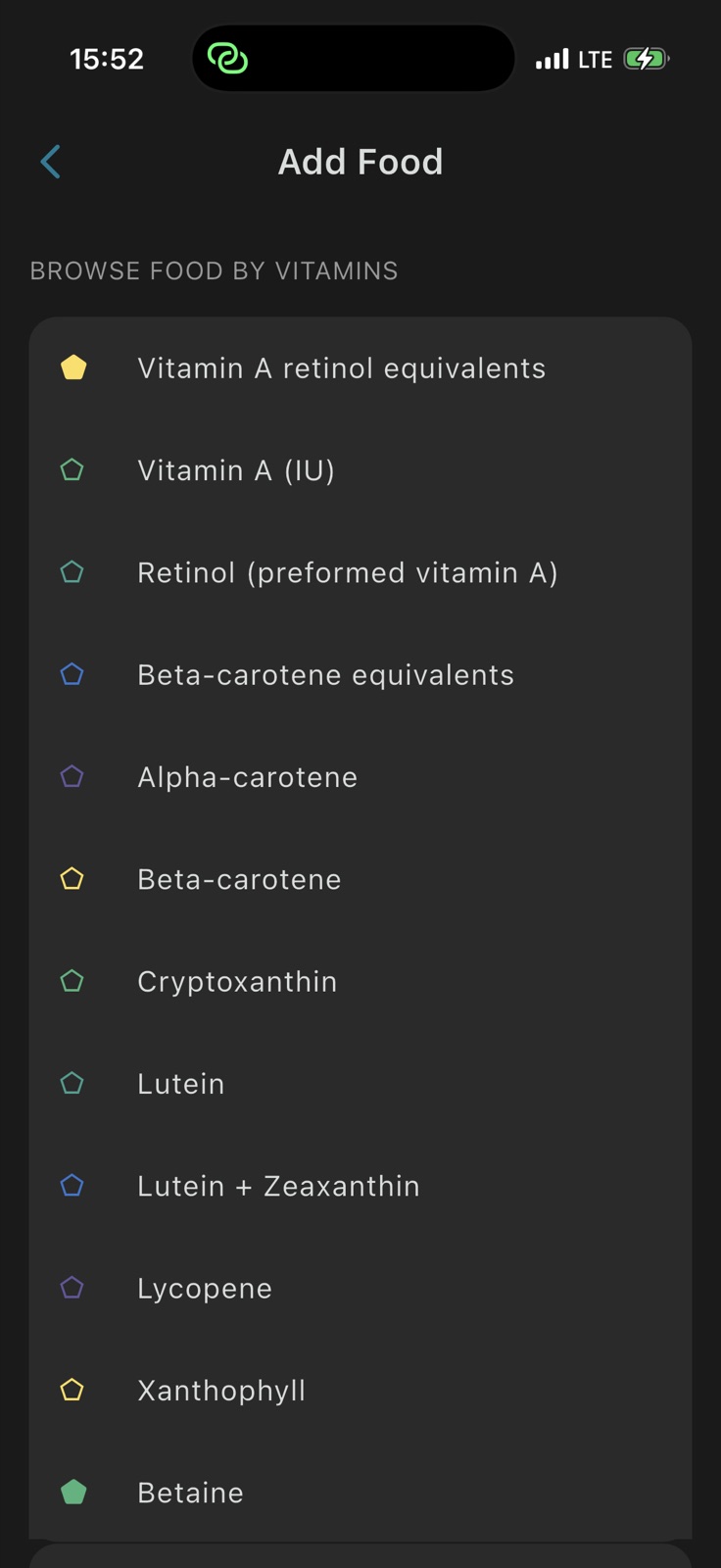 Yofo add food screen showing browse food by vitamins